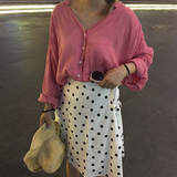 韩国Ulzzang 气质粉色宽松蝙蝠袖V领长袖套头衬衫女上衣