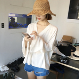 韩国chic  v领 随性 喇叭袖 衬衫