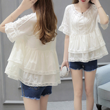 2016夏季新款女装圆领短袖韩版宽松镂空显瘦蕾丝衫上衣女雪纺衫