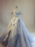 出租 一字肩显瘦浅蓝色气质新娘结婚礼服波西米亚修身典雅