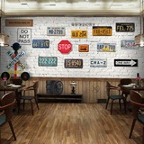 复古怀旧个性木纹砖纹墙纸壁车牌车标酒吧餐厅KTV咖啡厅壁画墙纸