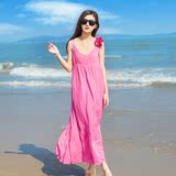 2016夏季舒淇同款玫红色棉吊带长裙海边度假波西米亚沙滩裙连衣裙