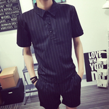 休闲五分短裤 男式韩版潮流修身条纹短袖T恤商务运动薄款套装夏季