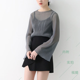2016新品韩版宽松喇叭袖上衣女夏透视雪纺衫一字领两件套长袖t恤