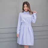 2016秋季新款韩版中长款显瘦蓝色条纹裙子松紧腰长袖衬衫连衣裙女