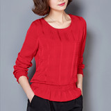 雪纺衫女红色新款大码2016长袖圆领小衫短款韩版显瘦上衣女春夏季