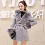 2016韩版时尚毛领加厚中长款修身棉衣麂皮绒羊羔毛皮毛一体外套女