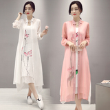 2016夏季新款棉麻吊带连衣裙两件套复古文艺中国风印花长裙女套装