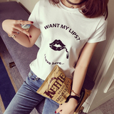 小银子2016春装新款韩版玩味字母嘴唇修身显瘦短袖T恤T3255