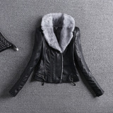 2015新款冬季女士带毛领短款加绒加厚PU夹克女款修身机车皮衣外套