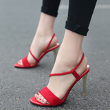 2016夏季新款 韩版性感红色绑带套脚露趾凉鞋 细跟高跟时尚女鞋子