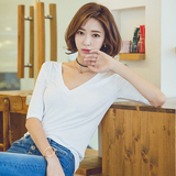 韩版夏装新款短袖t恤女纯色莫代尔中袖大码女装性感V领打底衫上衣