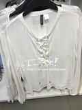 H&M HM 女装专柜正品折扣代购 7月 白色前幅系带长袖衬衫 0405829
