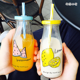 夏季柠檬水杯创意玻璃牛奶瓶有盖简约成人吸管杯学生果汁饮料杯子