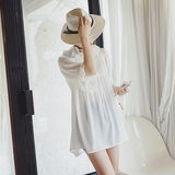 MENGZ PIE夏季白色中长款清新衬衫女木耳边连衣裙绑带娃娃衫Z524