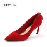 Westlink西遇女鞋2016秋季新款真皮细跟绑带尖头鞋酒红色高跟鞋女