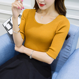 韩版时尚修身五分袖圆领针织衫套头黑色打底衫中袖圆领女上衣