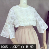 lucky yy夏季韩版甜美气质圆领宽松喇叭袖镂空蕾丝衫衬衫上衣女装