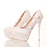 新款白色蕾丝花朵细跟新娘鞋圆头超高跟女单鞋防水台浅口敬酒婚鞋