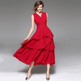 女装夏装2016新款潮裙a型大红色大摆无袖连衣裙25-29岁长裙晚礼服