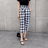 夏季新款2016韩版修身显瘦高腰黑白复古格子宽松直筒休闲九分裤女