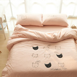 日式纯色针织棉全棉1.8米床笠四件套刺绣卡通猫头床单被套三件套