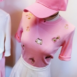 韩国甜美气质小香风重工亮片刺绣 冰丝短袖针织衫修身上衣t恤女夏