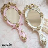 伊斯特家居特价金色蝴蝶结带玫瑰雕花手持镜便携化妆手柄镜两色选