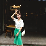 YUMI2016女装夏装新款韩版时尚翡翠绿牛仔半身裙 修身中长款A字裙