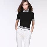 ZK黑白撞色条纹半高领T恤女短袖打底衫修身体恤女装2016春装新款
