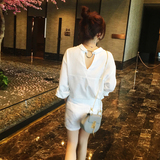 cc定制2016夏季新款女装衬衫韩版后背圆环棉麻宽松长袖T恤衬衣女