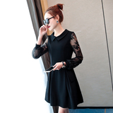 连衣裙女长袖2016秋装新款韩版修身气质裙中长款蕾丝灯笼袖女装潮