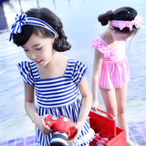 新款韩国儿童游泳衣分体裙式 可爱女孩宝宝海军风条纹三角泳装