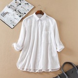 15夏季新款女装外贸原单欧美品牌纯白天然亚麻基础款百搭长袖衬衫
