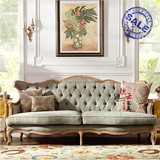 美式实木雕花布艺单三人沙发 欧式法式复古仿古拉扣麻布会所沙发