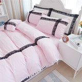 全棉四件套韩版简约床罩被套床裙单床上用品韩式蕾丝1.8m纯棉套件