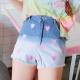 夏季韩版新款可爱刺绣爱心牛仔短裤高腰显瘦渐变色甜美短裤女