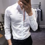 2016秋季新品长袖衬衫男韩版修身小码刺绣白色衬衣青年西装打底衫