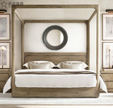 美式乡村实木复古做旧橡木四柱床 1.8米双人婚床 卧室实木架子床