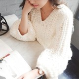 韩版2016秋季新款宽松七分袖V领针织衫女灯笼袖短款保暖套头毛衣