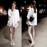 现货 韩国正品代购 甜美蕾丝镂空纯色白色衬衫女宽松夏季新款2016