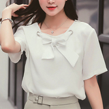 韩版女装夏装2016新款潮雪纺衫修身蝴蝶结短袖衬衫女上衣夏季小衫