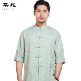 中国风夏季男士立领盘扣唐装男短袖复古民族风汉服中袖亚麻棉衬衫