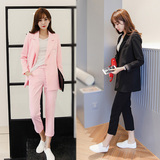 2016春秋新韩版中长款显瘦粉色小西装长袖西服女外套职业套装上衣
