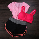 夏季女子瑜伽服运动套装三件套短袖健身房愈加服跑步晨练速干透气