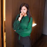 ZHUYIYI2016春夏新款韩国特别推荐气质绿色百褶系带柔美雪纺衬衫