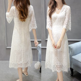 韩国代购2016夏季新款V领概要刺绣镂空中长款白色蕾丝连衣裙女装