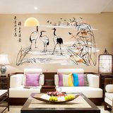 中式字画墙贴纸卧室客厅书房背景装饰鹤中国风水墨风景国画墙贴画