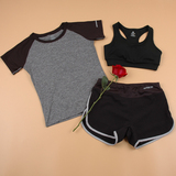 夏季女健身裤假两件速干T恤运动瑜伽服女三件套短裤文胸跑步套装