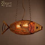 创意木艺鱼形餐厅咖啡馆酒吧美式乡村复古编织个性吊灯